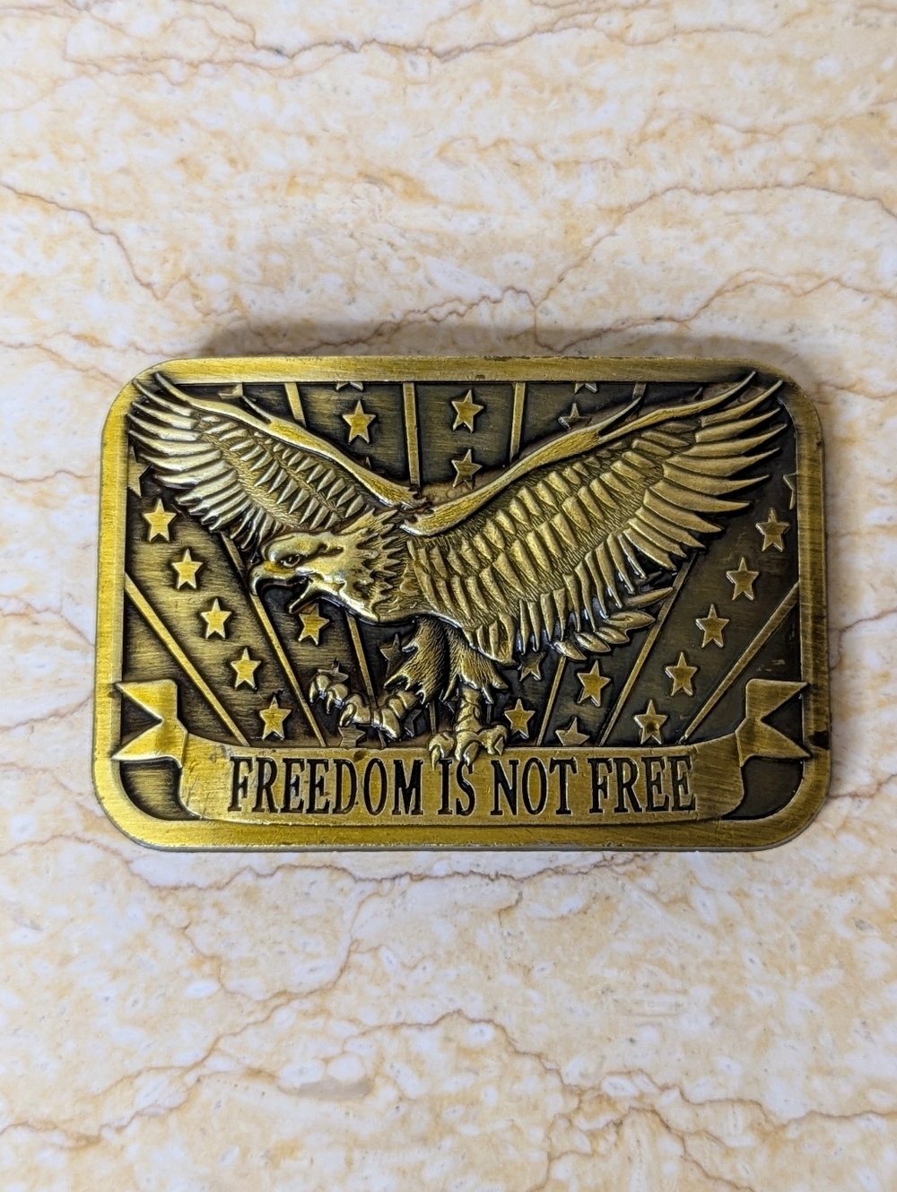 Vintage Eagle & Stars Freedom Is Not Free American Brass Gold Tone Belt Buckle